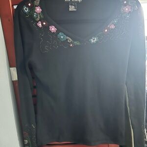 Laundry By Shelli Segal Black V-Neck Long Sleeve Top with Beaded Floral Trim